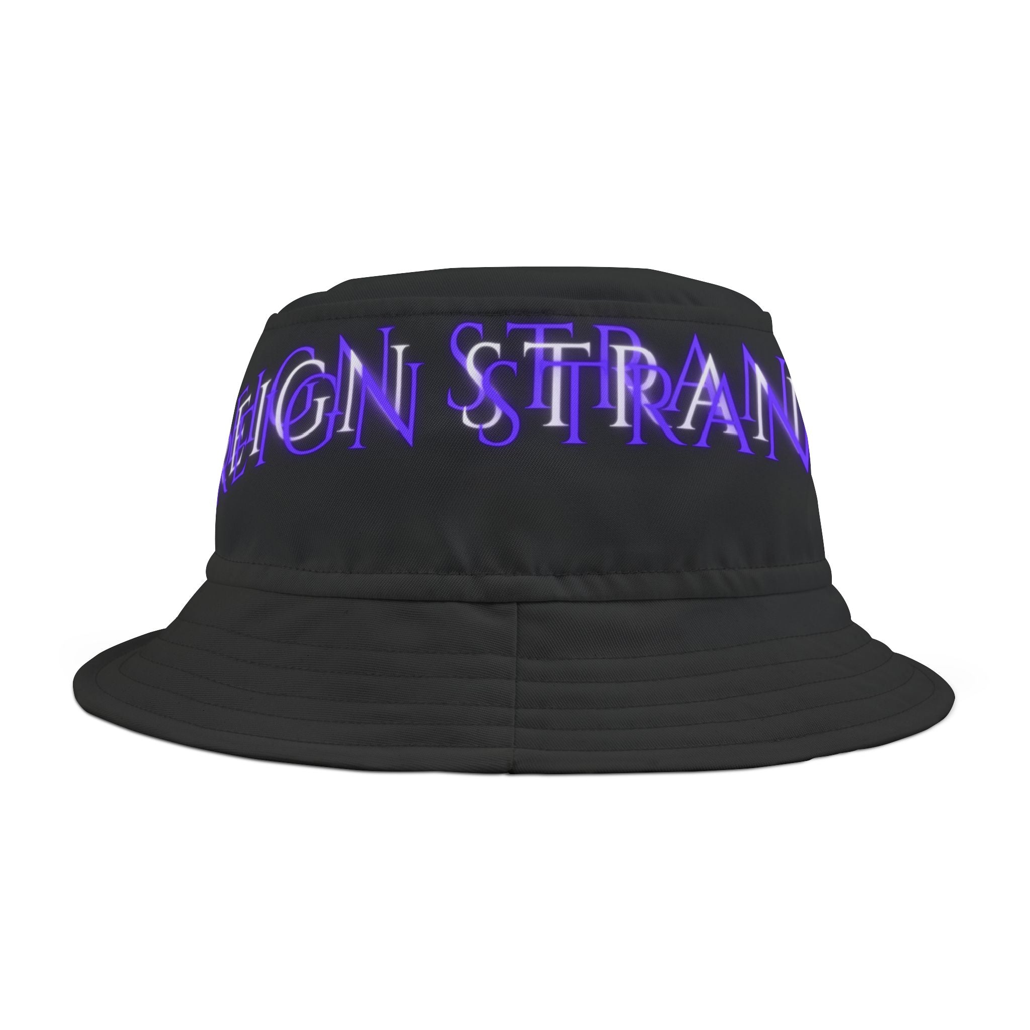 Foreign Strange Black Bucket Hat — Neon Purple Gothic Text AOP
