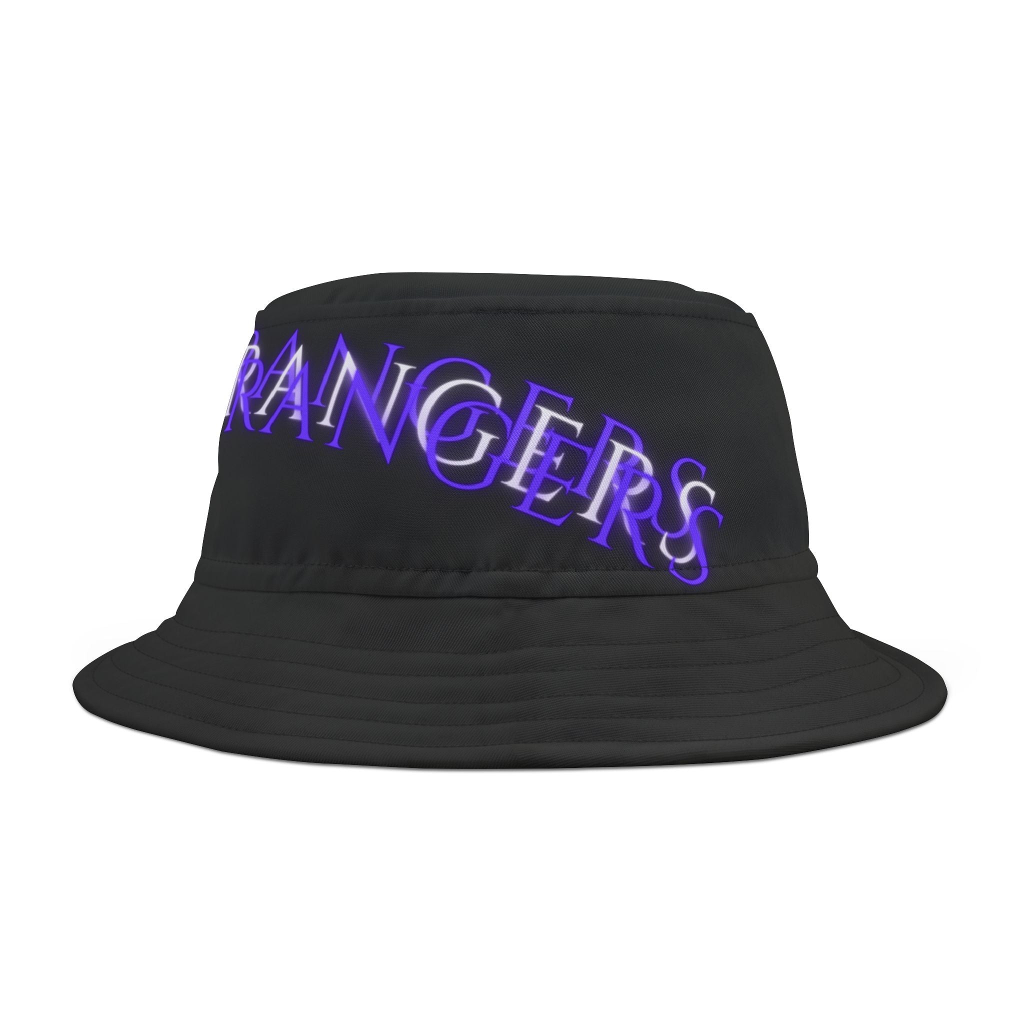 Foreign Strange Black Bucket Hat — Neon Purple Gothic Text AOP