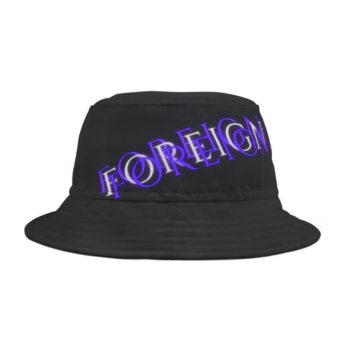 Foreign Strange Black Bucket Hat — Neon Purple Gothic Text AOP